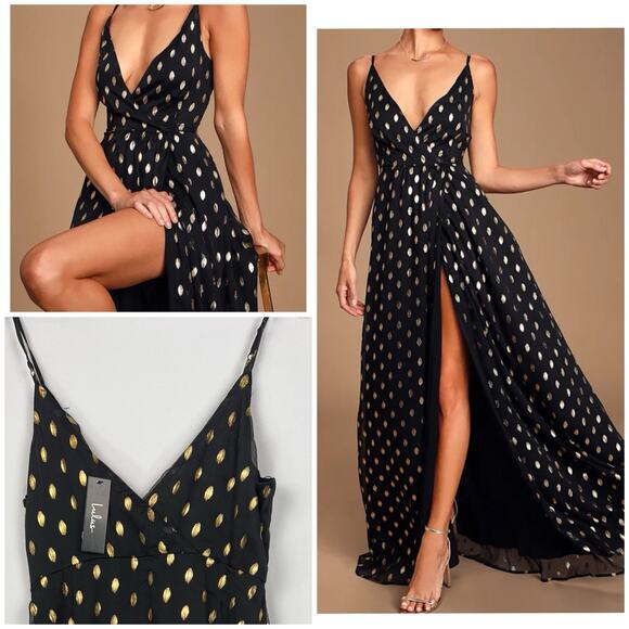NWT Lulus XL Galaxy Lights Black and Gold Polka Dot Sleeveless Maxi Dress - Picture 6 of 14
